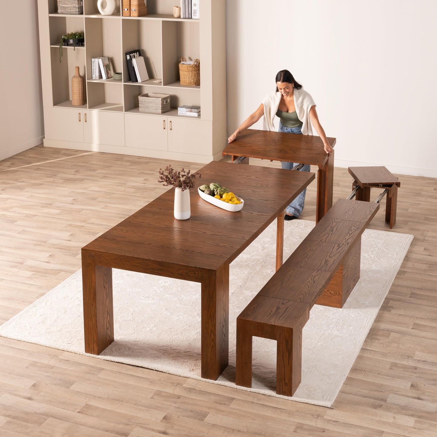 Transformer Table Esstisch-Set für 4 bis 12, ausziehbarer Esstisch aus Holz mit ausziehbarer Bank, Möbel für kleine Räume, Küchentisch-Set (Dunkelgrau, Tisch + Bank)