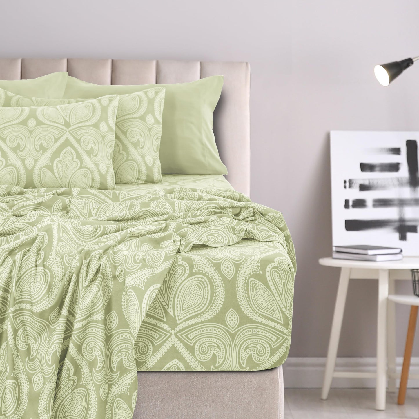 LUX Decor Paisley King-Bettlaken-Set, 6-teilig, weiche, knitterfreie Mikrofaser-Bettlaken – luxuriös bedruckte Bettlaken, inklusive Bettlaken, Spannbettlaken mit tiefen Taschen und 4 Kissenbezügen – Taupe