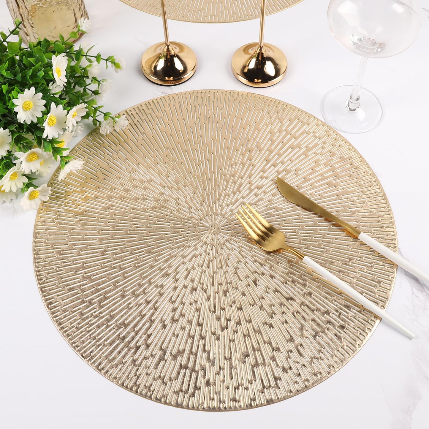 Silberne, runde Tischsets, ausgehöhlte, waschbare und abwischbare Tischsets, Tischsets aus gepresstem Vinyl, 6er-Set für Küchendekorationen zum Jubiläumsessen