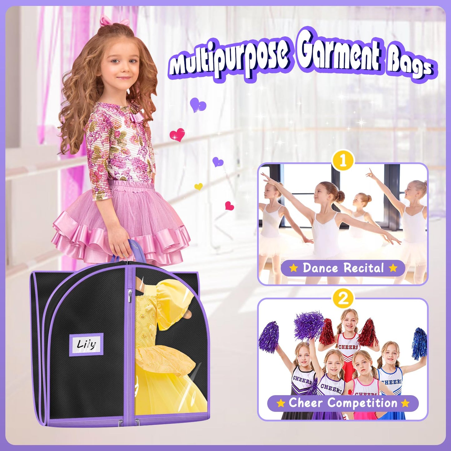 MISSLO Dance Garment Bags for Dancers with 4 Pockets Garment Bags for Dance Costumes 40" Cheer Uniform Garment Bag Hanging Kids Garment Bag for Recital, Competition, Travel, Storage (1, Black)