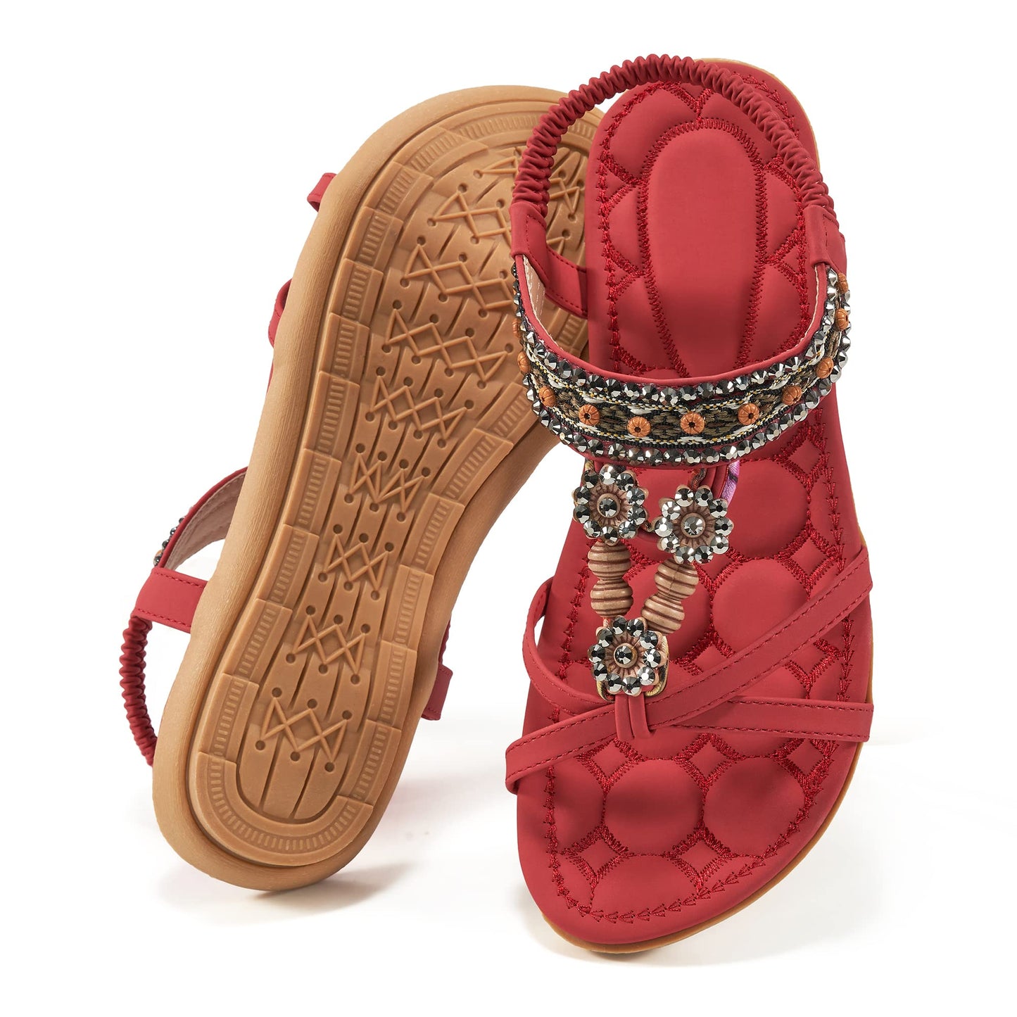 Elegante Damensandalen für den Sommer: Flache Schuhe, bequeme Bohemian-Sandalen mit elastischem Knöchelriemen, Strandsandalen für Damen