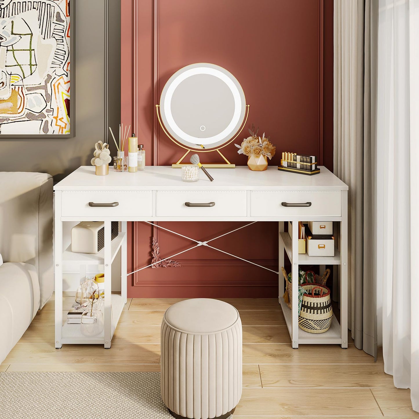 ODK Office Kleiner Computertisch: Heimtisch mit Stoffschubladen und Ablageflächen, moderner Schreibtisch, Schwarz, 48"x16"