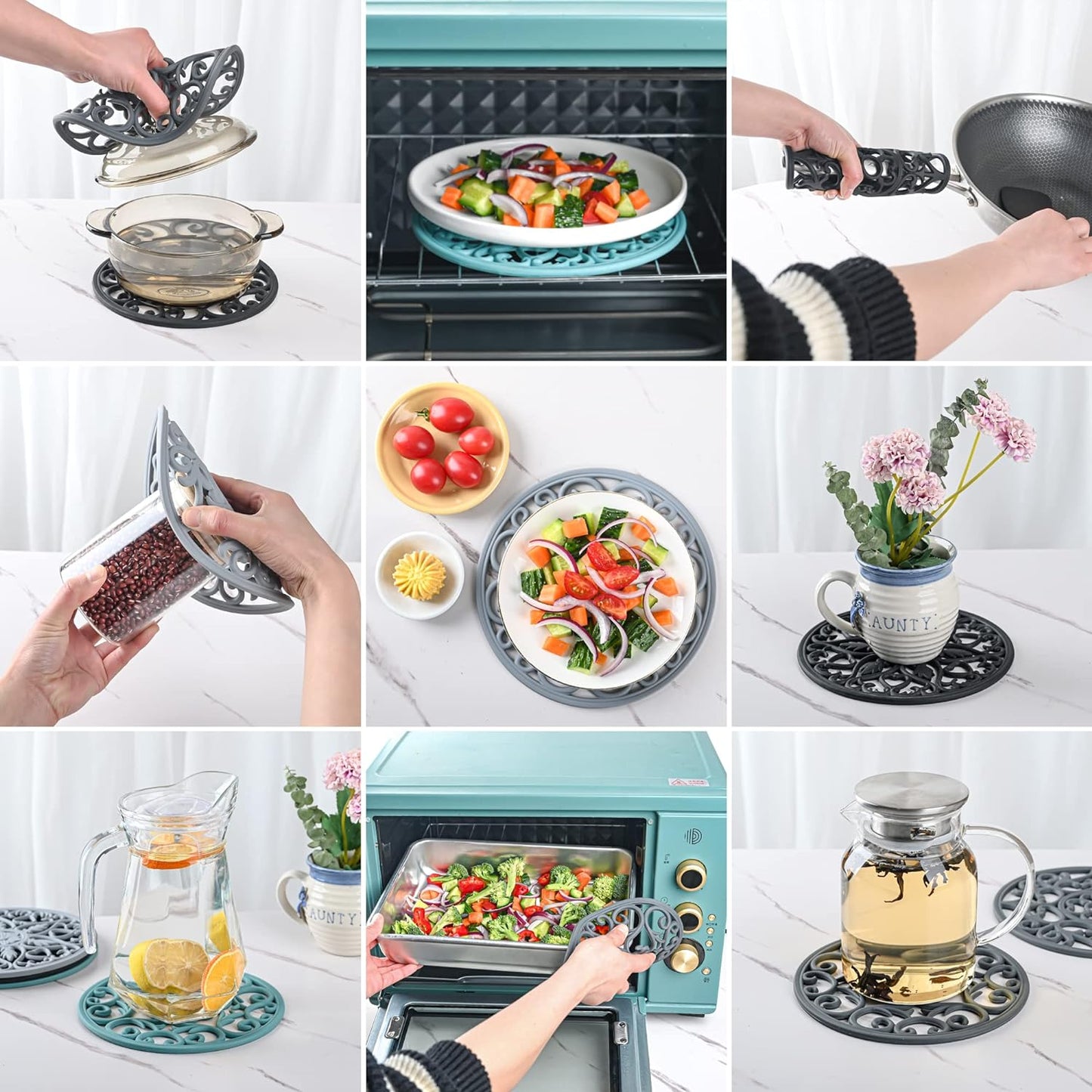 Dessous de plat en silicone Smithcraft pour plats chauds, casseroles et poêles, dessous de plat pour cuisine, tapis résistant à la chaleur sculpté multi-usage pour comptoir, dessous de plat en silicone pour maniques pour table et comptoirs, lot de 6, gris