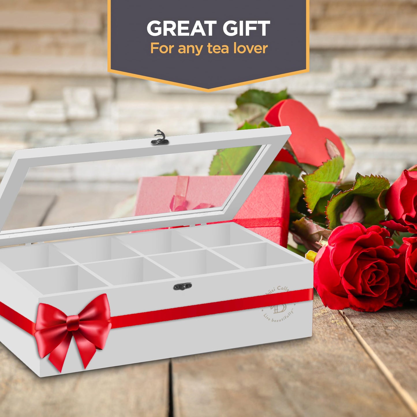 Bamboo Tea Bag Organizer Storage Box with Drawer & Acrylic Window - Magnetic Lid Keeps Contents Fresh - Ideal Mothers Day Gifts for Mom - Gift Caddy (Tea Not Included)