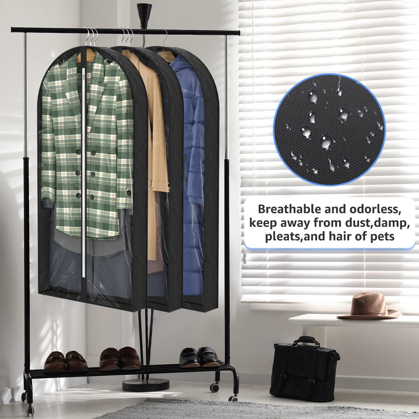 Sacs à vêtements transparents de 50 po pour suspendre des vêtements dans un placard avec soufflets de 4 po, sac de protection pour costumes pour robes, manteaux longs, vestes, pulls, chemises, 3 paquets, noir