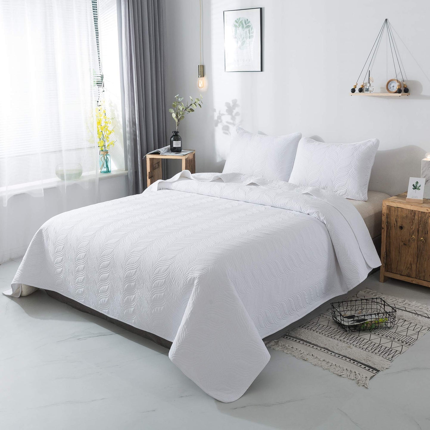 Ensemble de courtepointe 3 pièces blanc King Cal King Size nouveau motif couvre-lit - couvre-lit léger en microfibre douce pour toutes les saisons (118"x106" comprend 1 courtepointe, 2 taies d'oreiller)
