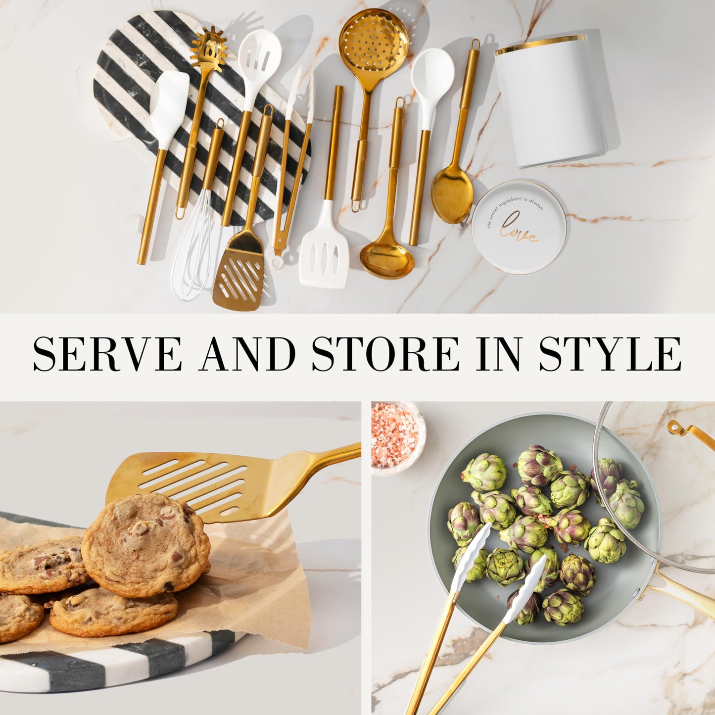 Ensemble d'ustensiles de cuisine en bois – Ensemble de 8 pièces comprenant des ustensiles de cuisine en bois et en or, un porte-ustensiles blanc et un repose-cuillère en bois – Ustensiles de cuisine durables et élégants pour cuisiner et servir
