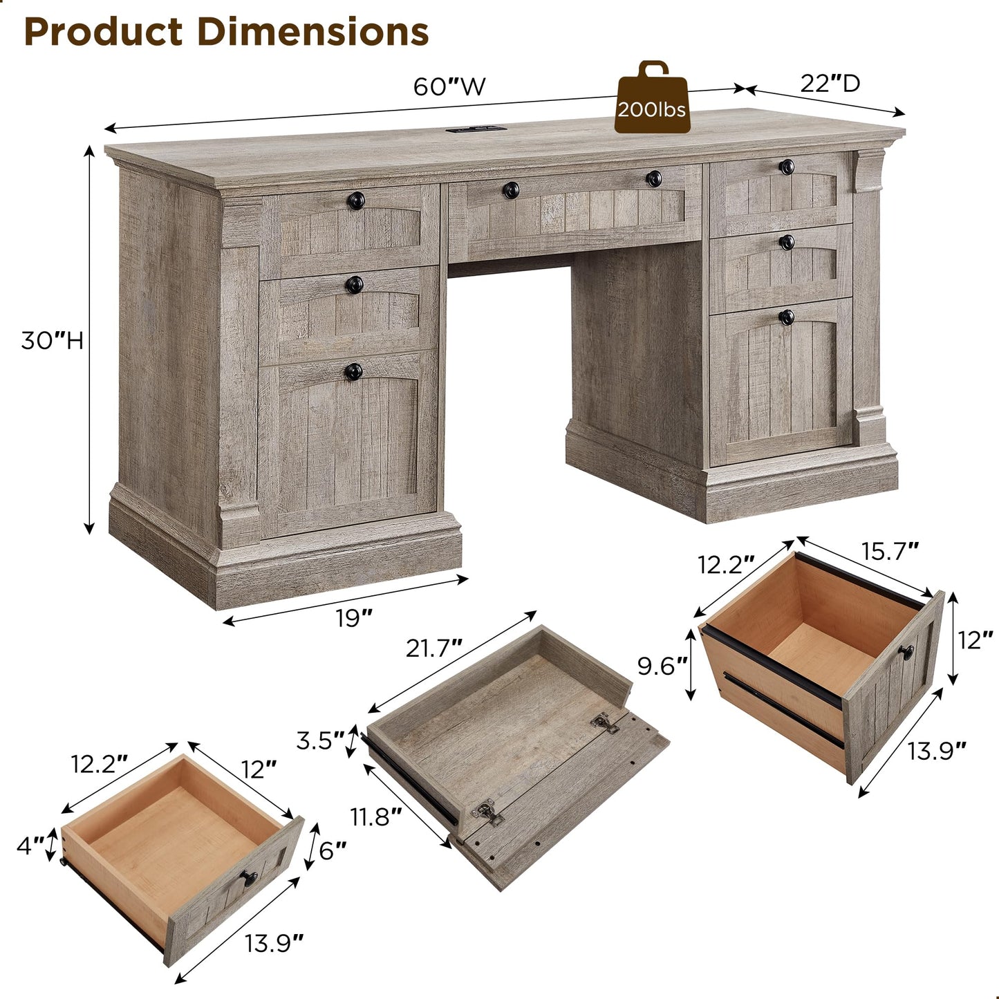 OKD 60-Zoll-Chefschreibtisch mit Schubladen, Home-Office-Schreibtisch im Landhausstil mit Ladestation, Tastaturablage, Aktenschrank-Aufbewahrung, Holz-Computertisch für Arbeit und Studium, Antikweiß