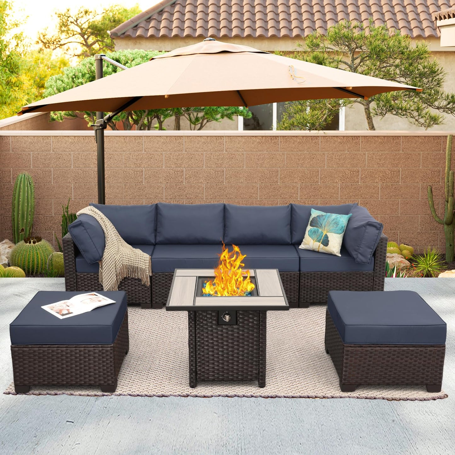 Outdoor Patio Dark Brown Rattan 7 Piece Sectional Set PE Wicker Conversation Sofa with Liftable Storage Table Non-Slip 5" Thick Royal Blue Cushion and Furniture Cover