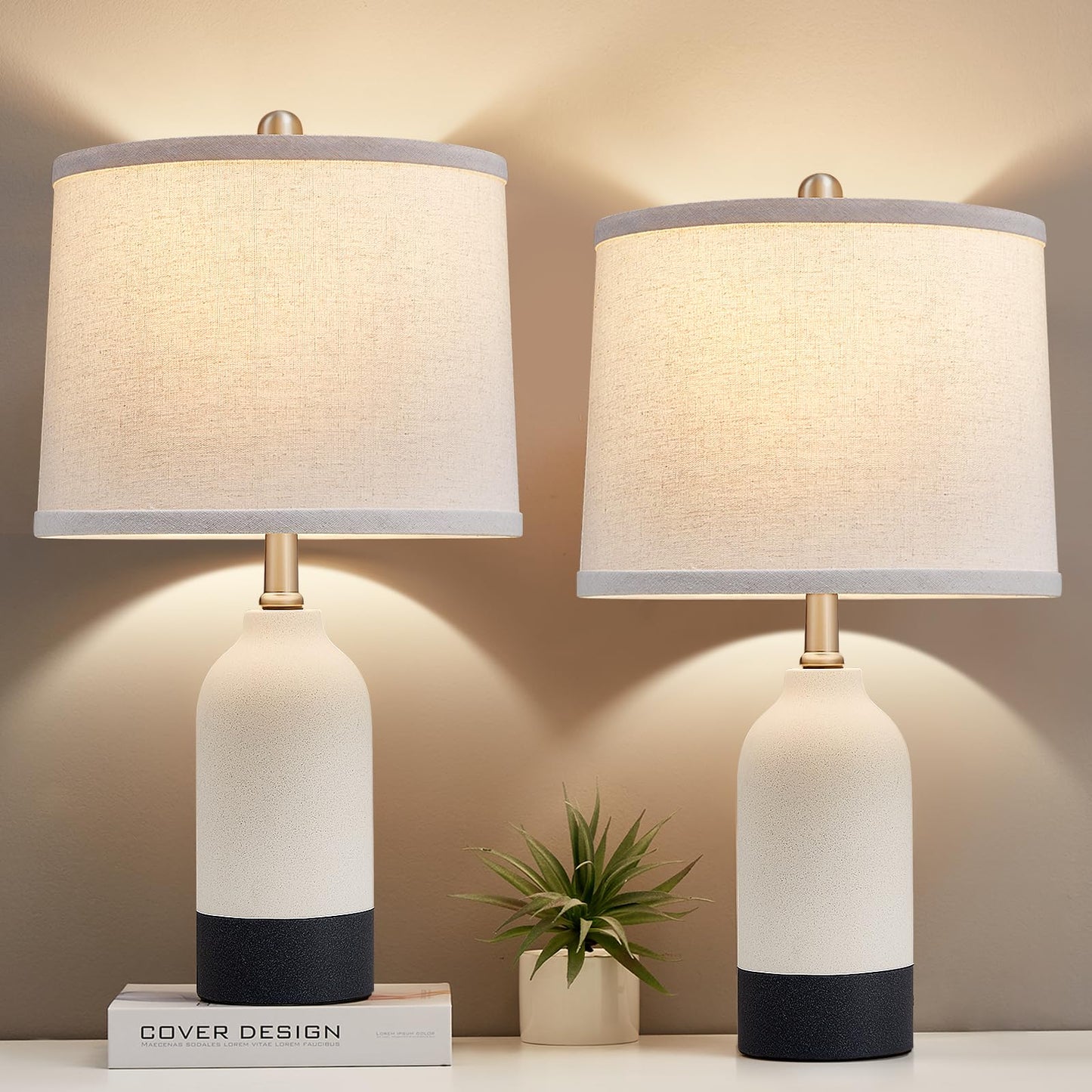Luvkczc Moderne Keramiklampen für Schlafzimmer, 2er-Set, 3-Farbtemperatur-Tischlampe, Nachttischlampe, Schreibtisch-Leselampe mit Stoffschirm in Trommelform für Schlafzimmer, Wohnzimmer, 2 Glühbirnen enthalten (21,4 Zoll)