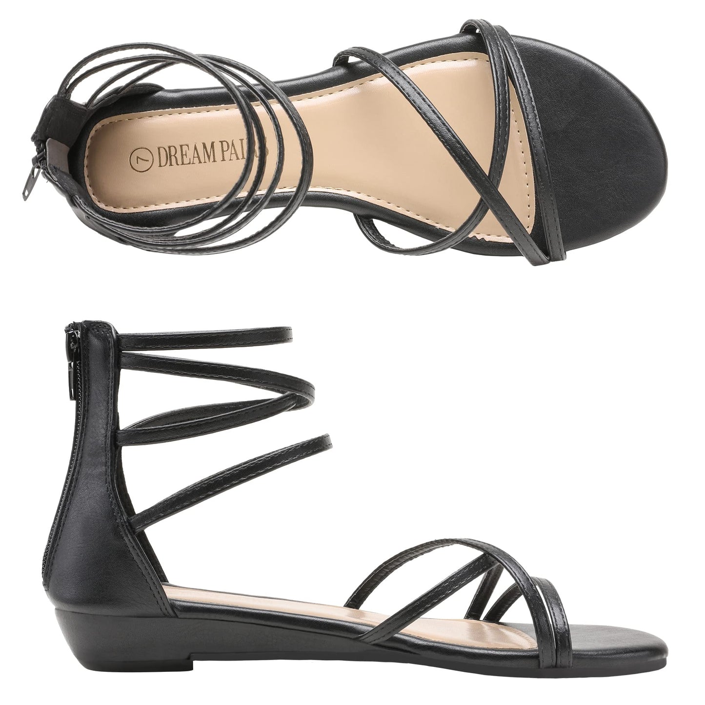 DREAM PAIRS Sandales plates à bride à la cheville pour femmes Sandales d'été habillées à lanières et strass pour gladiateur