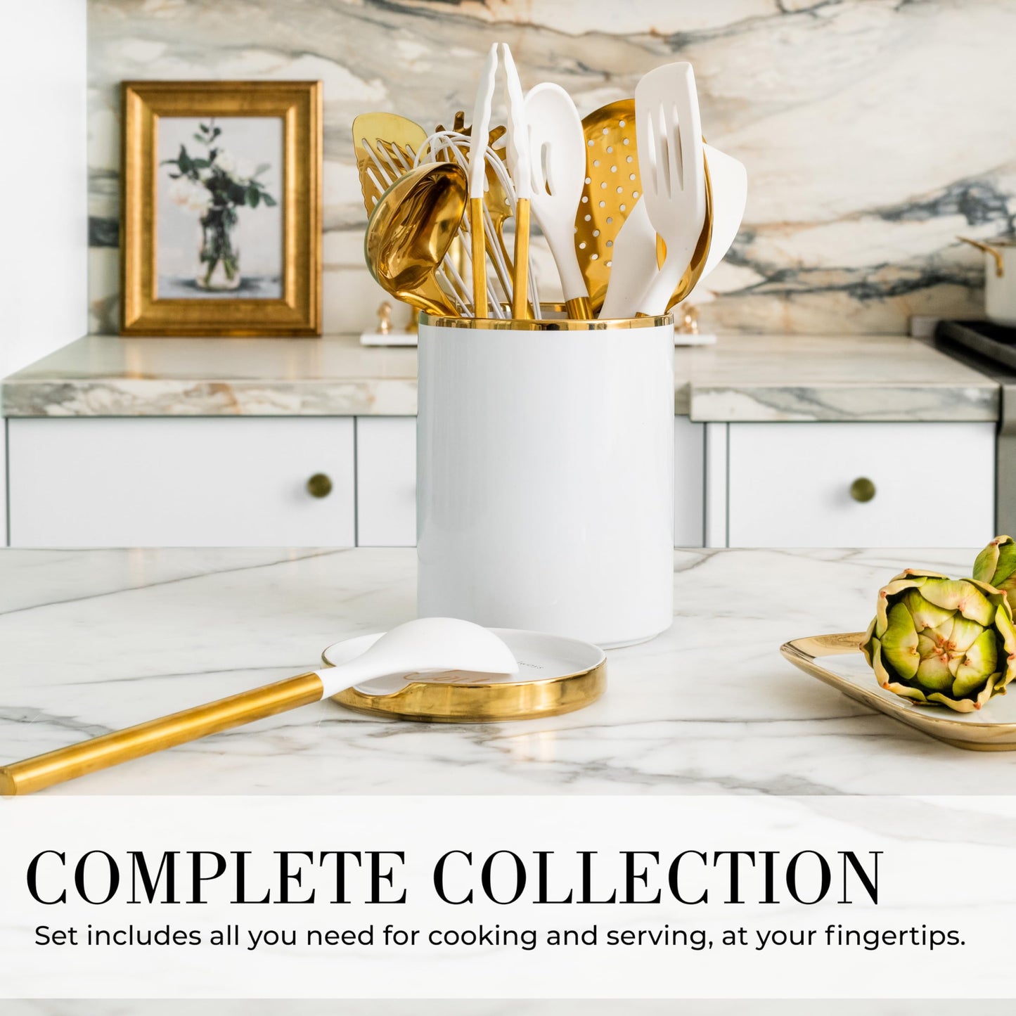 Ensemble d'ustensiles de cuisine en bois – Ensemble de 8 pièces comprenant des ustensiles de cuisine en bois et en or, un porte-ustensiles blanc et un repose-cuillère en bois – Ustensiles de cuisine durables et élégants pour cuisiner et servir