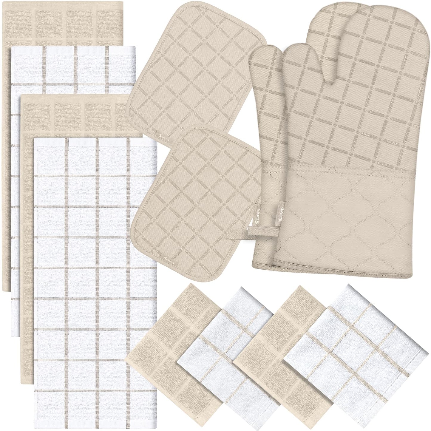 Oven Mitts Kitchen Towels and Dishcloths Pot Holders Sets, Oven Gloves Kitchen Dish Towels 500 Degree Heat Resistant Potholders with Non-Slip Silicone Surface for Cooking, Grilling, Baking-Black