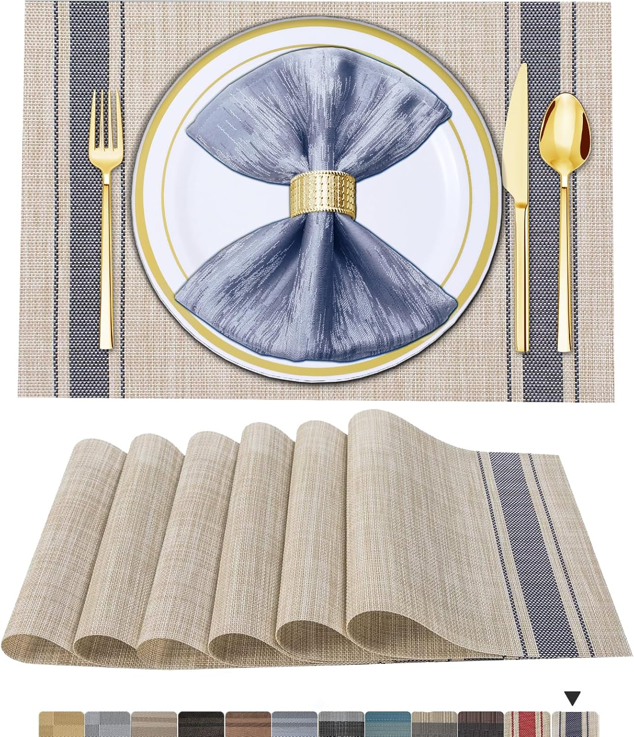 Tischsets 6er-Set, gewebtes Vinyl-Tischset für Esstisch, waschbar, abwischbar, Küchentischsets, strapazierfähige Tischsets für drinnen und draußen, 01 Beige, 6 Stück