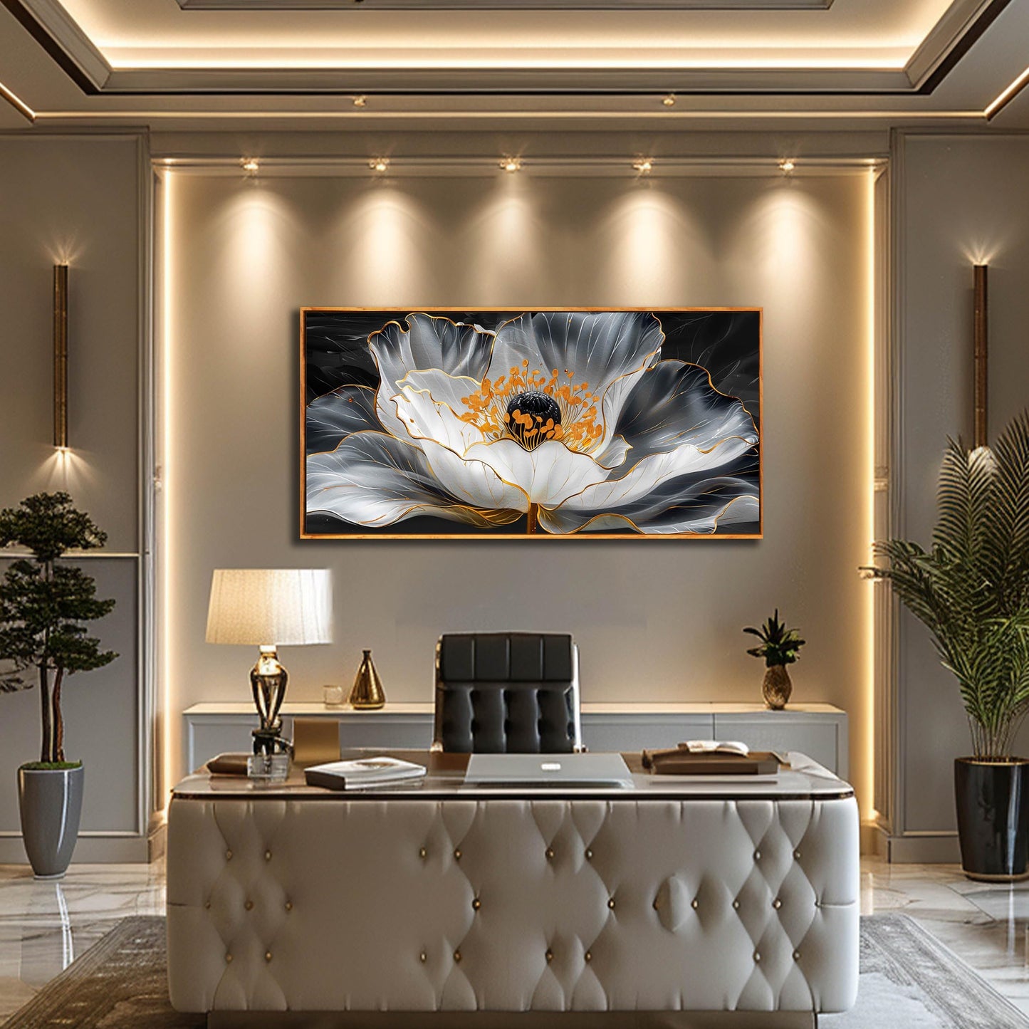 Gold Wall Art White Wall Pictures Beautiful Flower Wall Decorations for Living Room Black Artwork 24"x48" Art for Home Office