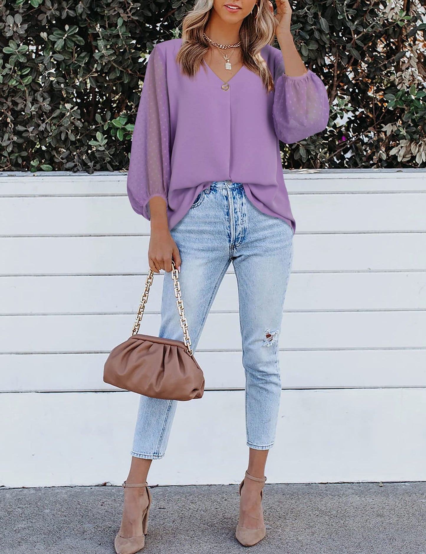 Bebonnie Damen Chiffonbluse mit Laternenmuster, 3/4-Ärmel, lässig, locker, V-Ausschnitt