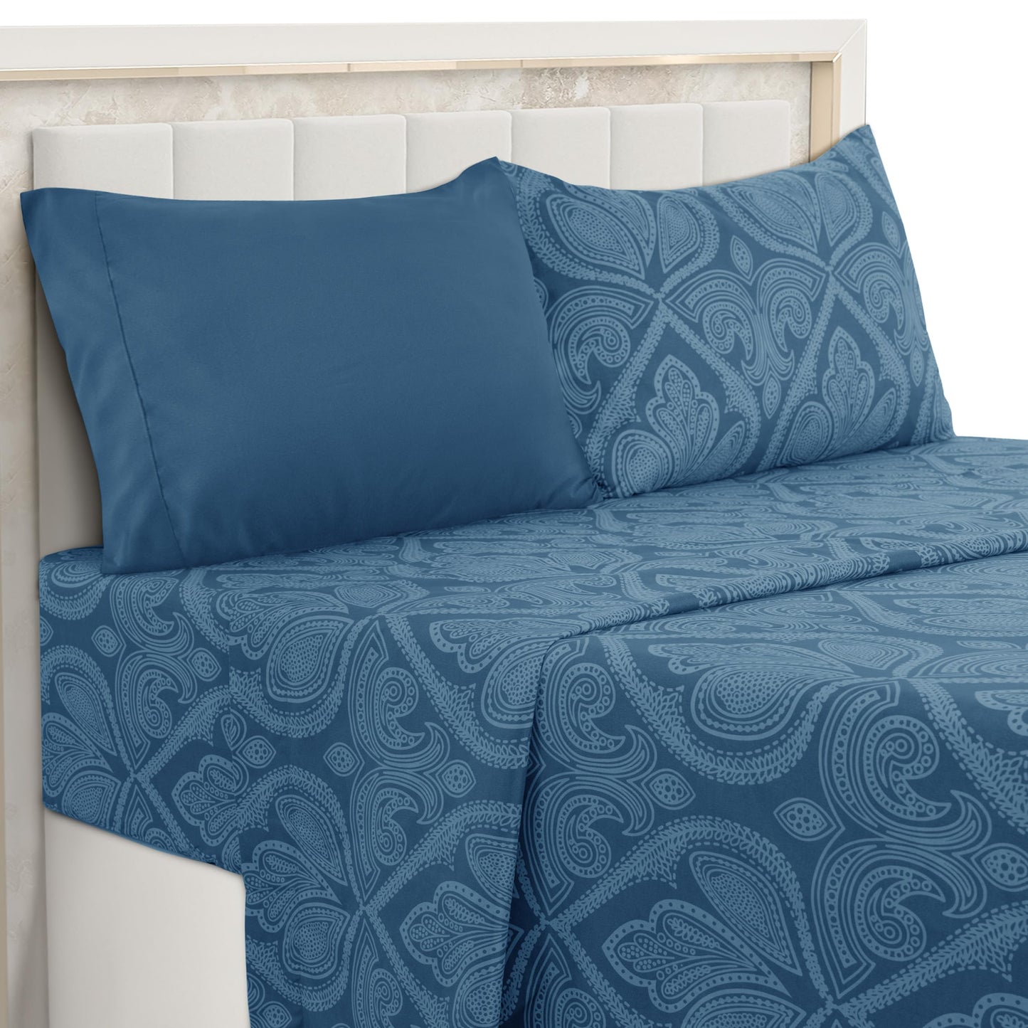 LUX Decor Paisley King-Bettlaken-Set, 6-teilig, weiche, knitterfreie Mikrofaser-Bettlaken – luxuriös bedruckte Bettlaken, inklusive Bettlaken, Spannbettlaken mit tiefen Taschen und 4 Kissenbezügen – Taupe
