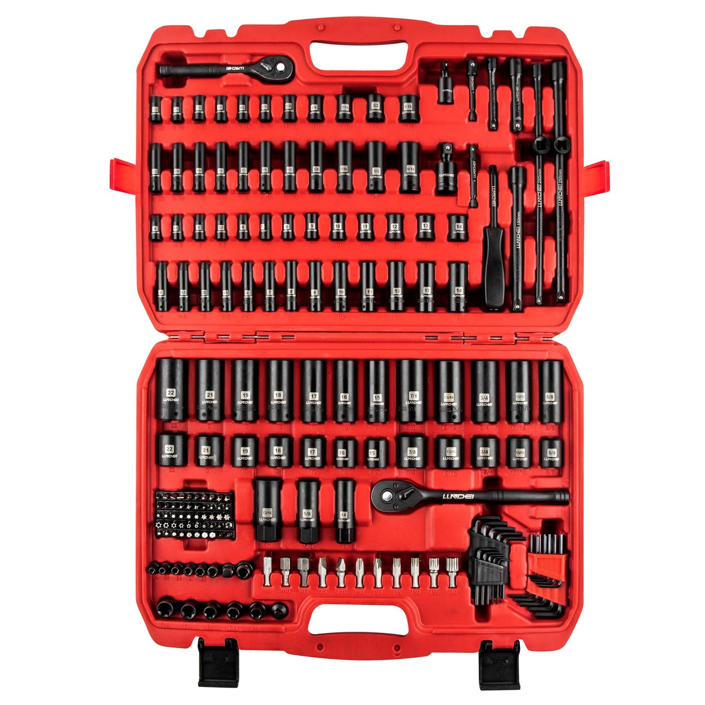 Jeu de douilles à chocs LLNDEI 1/4 et 3/8 pouces, 186 douilles complètes métriques et standard, jeu d'outils de douilles profondes et peu profondes CR-V avec poignée de clé à cliquet, douille de bougie d'allumage, jeu d'embouts pour mécanicien