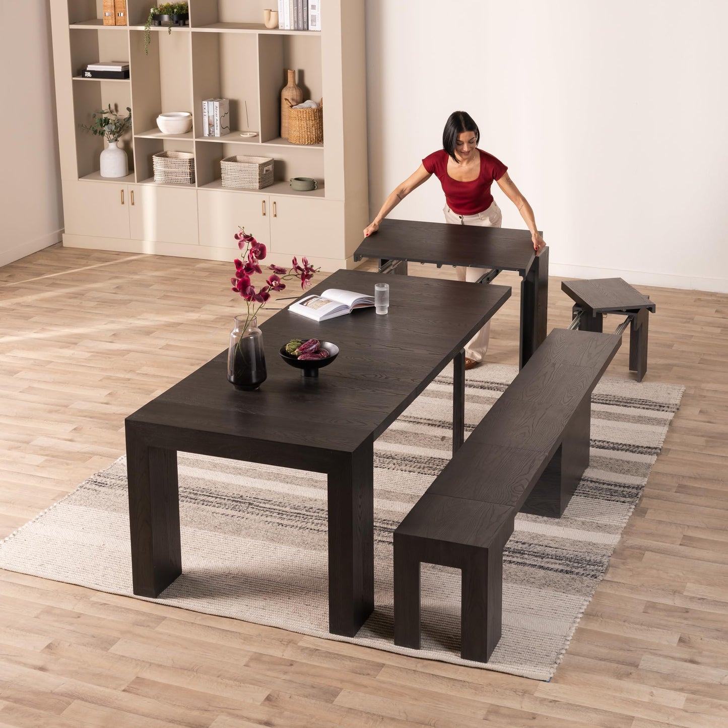 Transformer Table Esstisch-Set für 4 bis 12, ausziehbarer Esstisch aus Holz mit ausziehbarer Bank, Möbel für kleine Räume, Küchentisch-Set (Dunkelgrau, Tisch + Bank)