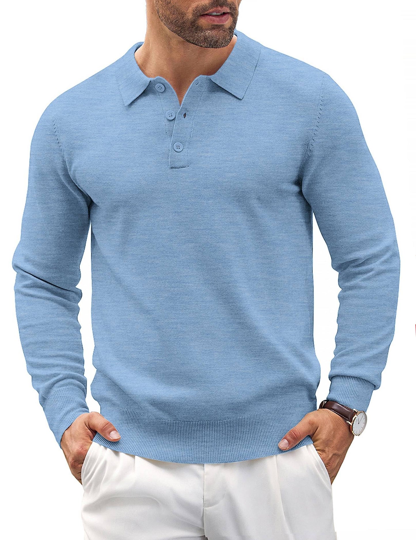 COOFANDY Mens Knit Polo Shirts Casual Long Sleeve Classic Polo Shirts Button Down Golf Shirts