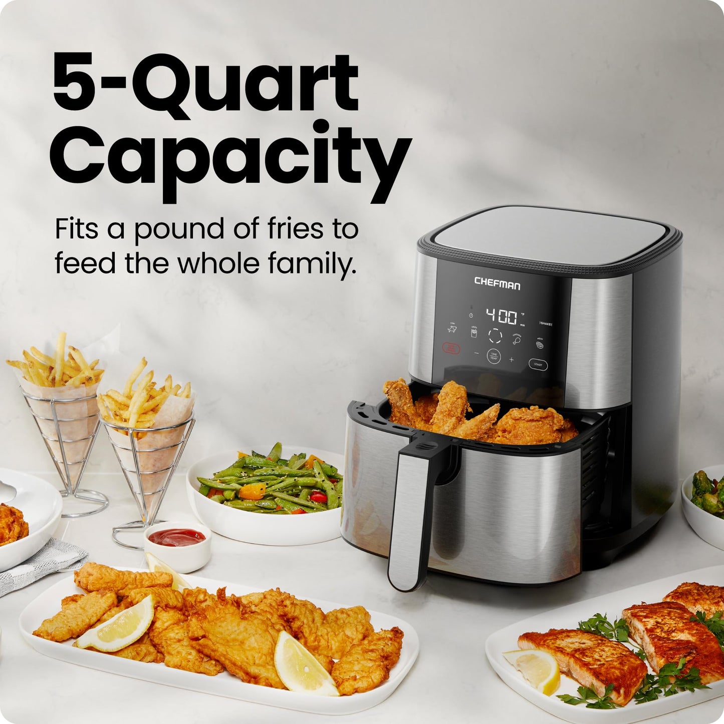 Chefman TurboFry® Touch Heißluftfritteuse, XL 8-Qt Familiengröße, digitale One-Touch-Voreinstellungen, Pommes Frites, Hähnchen, Fleisch, Fisch, antihaftbeschichtete, spülmaschinenfeste Teile, automatische Abschaltung, Edelstahl
