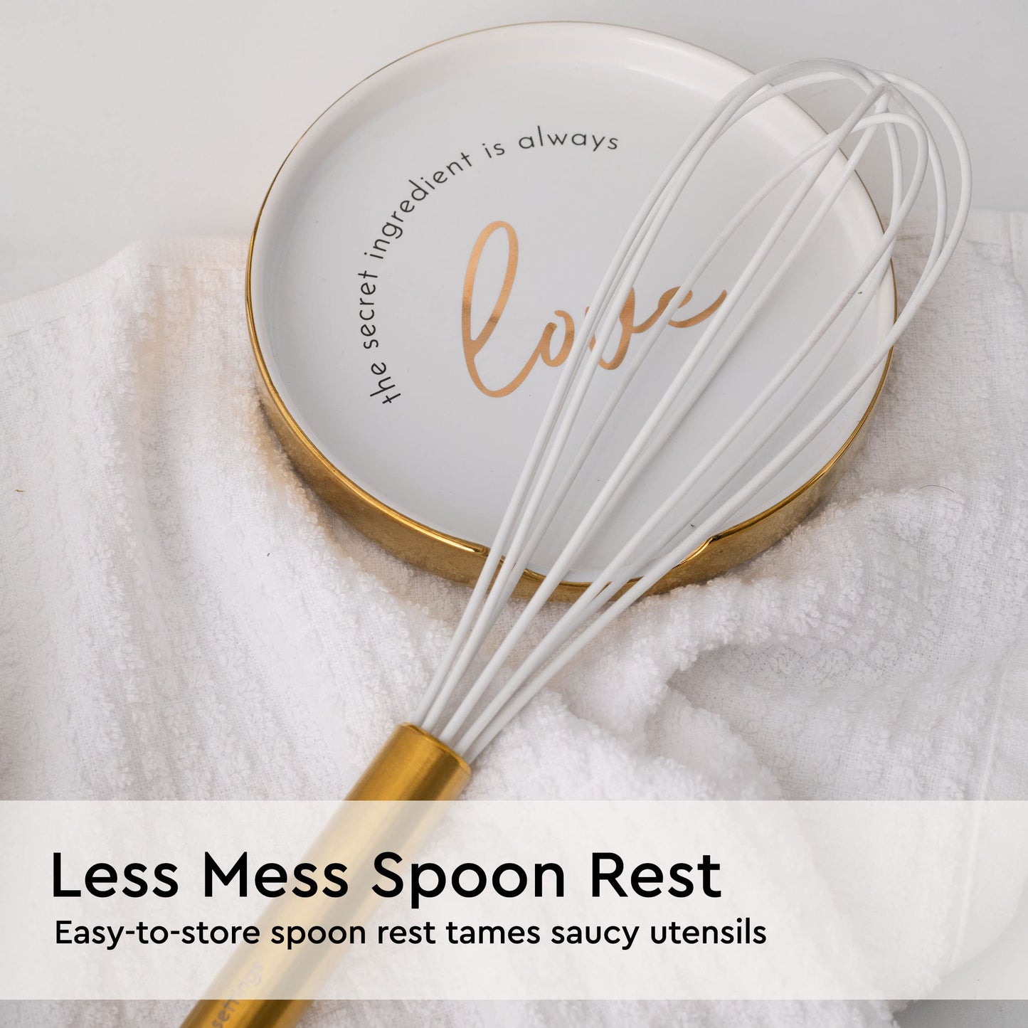 Ensemble d'ustensiles de cuisine en bois – Ensemble de 8 pièces comprenant des ustensiles de cuisine en bois et en or, un porte-ustensiles blanc et un repose-cuillère en bois – Ustensiles de cuisine durables et élégants pour cuisiner et servir