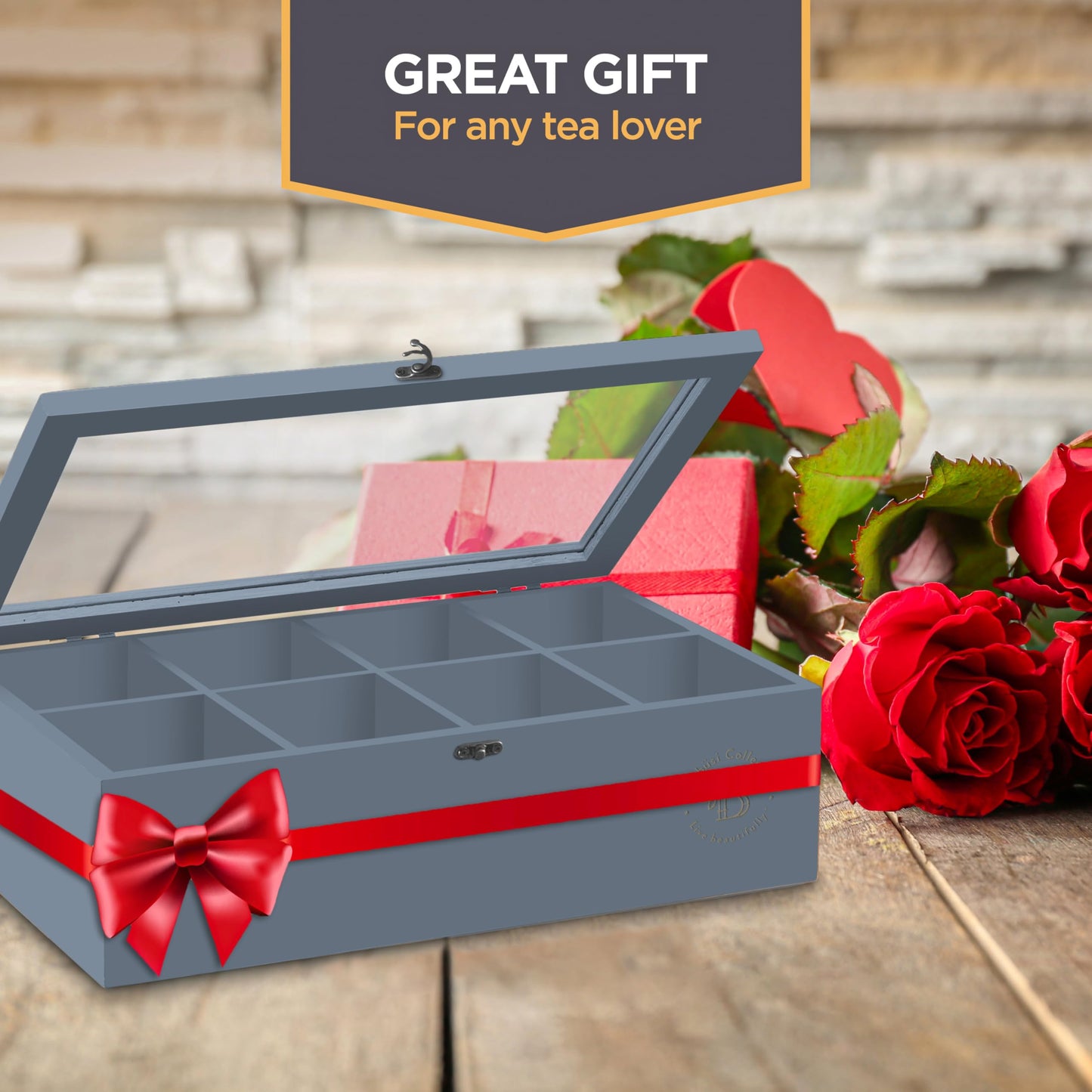 Bamboo Tea Bag Organizer Storage Box with Drawer & Acrylic Window - Magnetic Lid Keeps Contents Fresh - Ideal Mothers Day Gifts for Mom - Gift Caddy (Tea Not Included)