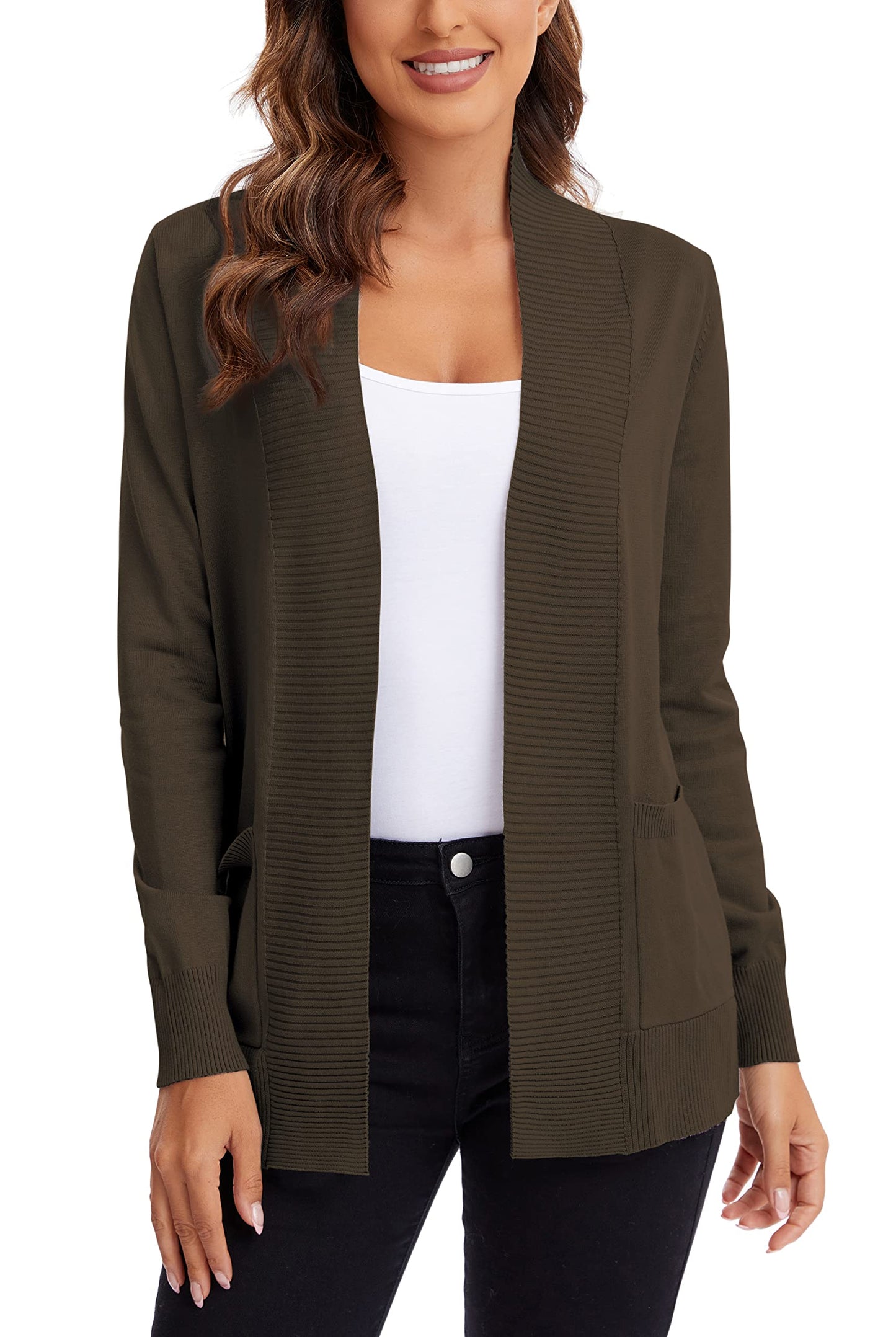 Urban CoCo Leichter Strickjacke für Damen mit offener Vorderseite, lange Ärmel, mit Tasche