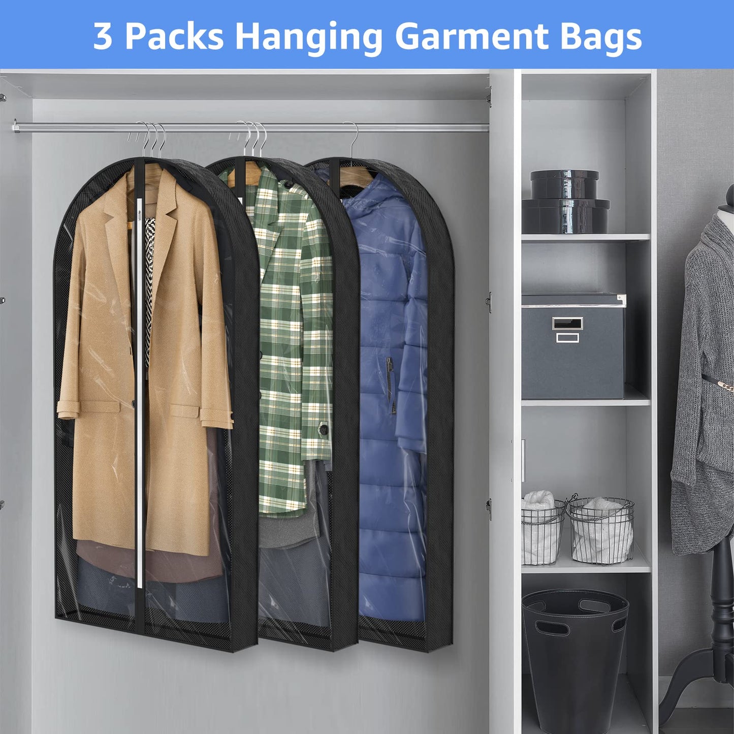 Sacs à vêtements transparents de 50 po pour suspendre des vêtements dans un placard avec soufflets de 4 po, sac de protection pour costumes pour robes, manteaux longs, vestes, pulls, chemises, 3 paquets, noir