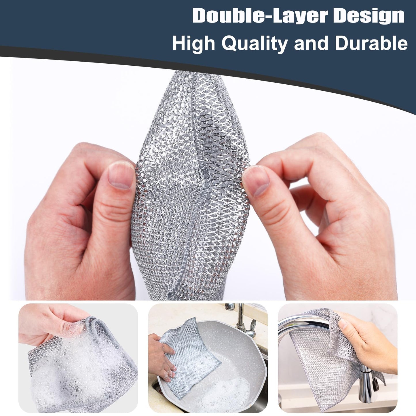 Navona 18 Pcs New Upgrade Steel Wire Dishcloth,Double-Layer Steel Wire Cleaning Cloth,Powerful Cleaning Non-Scratch Wire Dishcloth Rag for Cookware, Sinks, Dishes, Stove Tops, Small