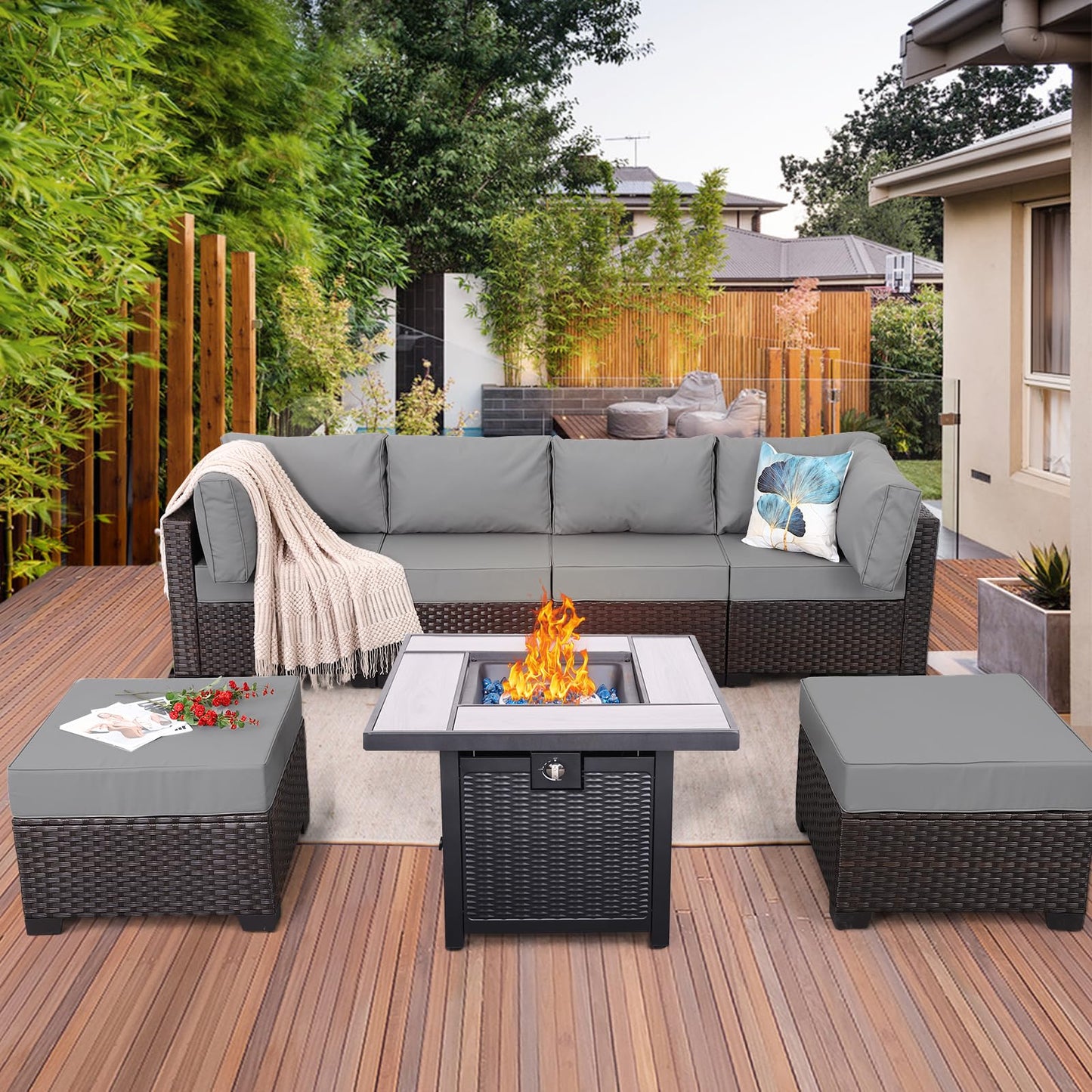 Outdoor Patio Dark Brown Rattan 7 Piece Sectional Set PE Wicker Conversation Sofa with Liftable Storage Table Non-Slip 5" Thick Royal Blue Cushion and Furniture Cover
