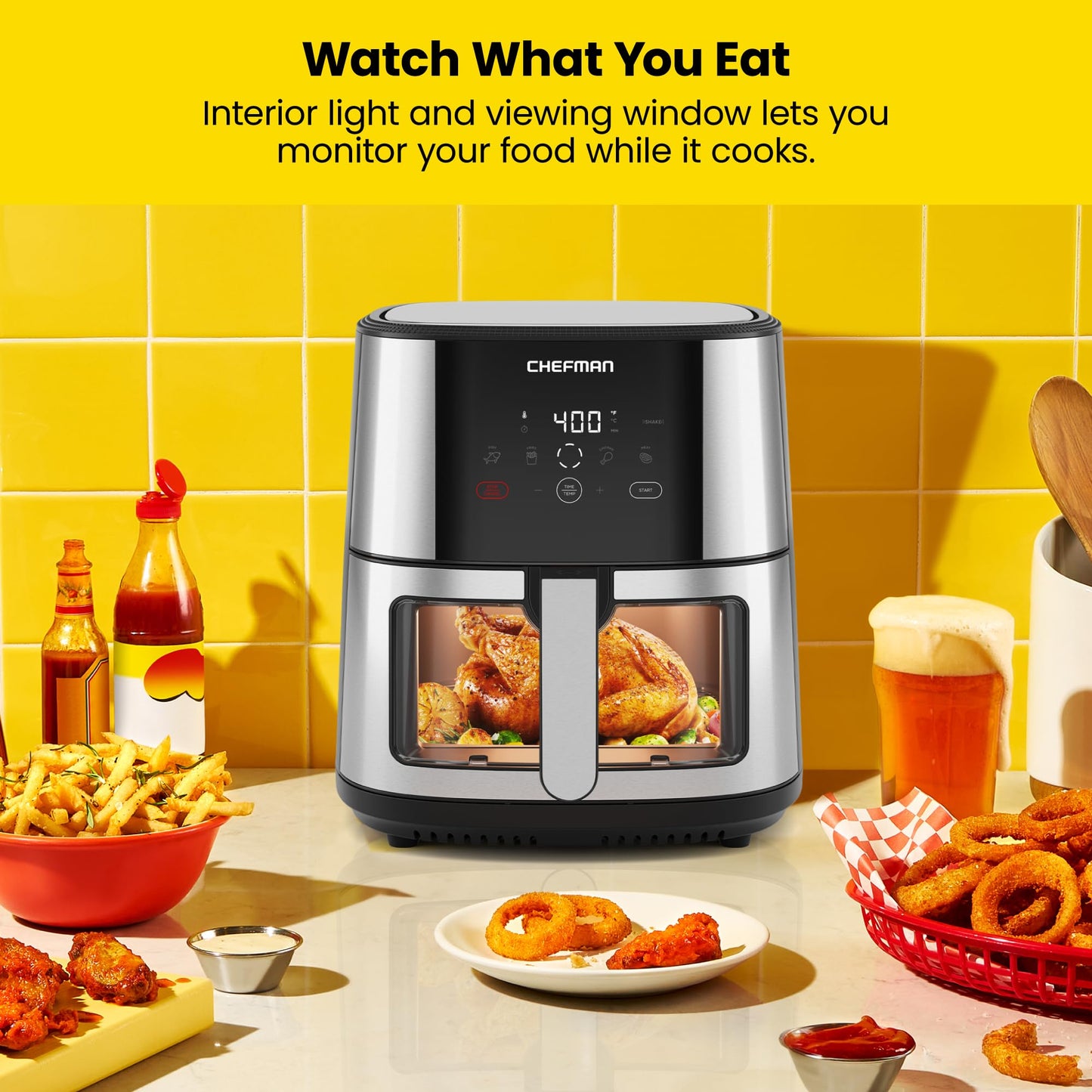 Chefman TurboFry® Touch Heißluftfritteuse, XL 8-Qt Familiengröße, digitale One-Touch-Voreinstellungen, Pommes Frites, Hähnchen, Fleisch, Fisch, antihaftbeschichtete, spülmaschinenfeste Teile, automatische Abschaltung, Edelstahl