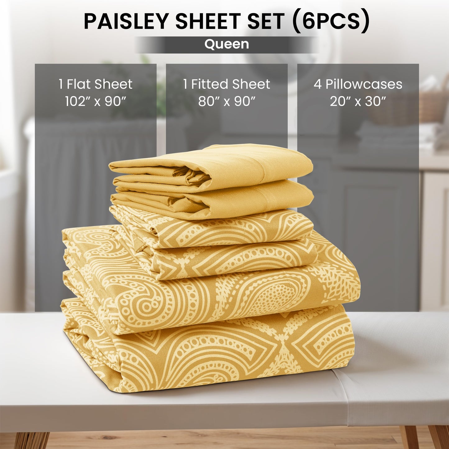 LUX Decor Paisley King-Bettlaken-Set, 6-teilig, weiche, knitterfreie Mikrofaser-Bettlaken – luxuriös bedruckte Bettlaken, inklusive Bettlaken, Spannbettlaken mit tiefen Taschen und 4 Kissenbezügen – Taupe