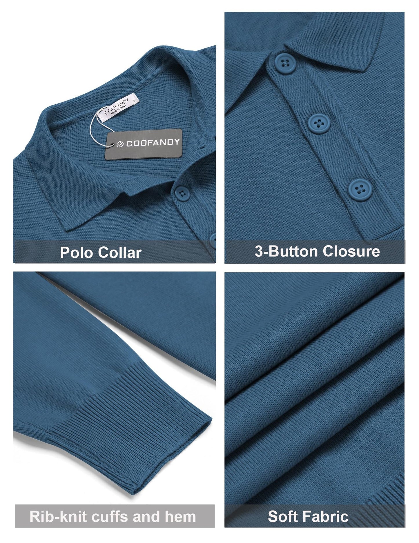 COOFANDY Mens Knit Polo Shirts Casual Long Sleeve Classic Polo Shirts Button Down Golf Shirts