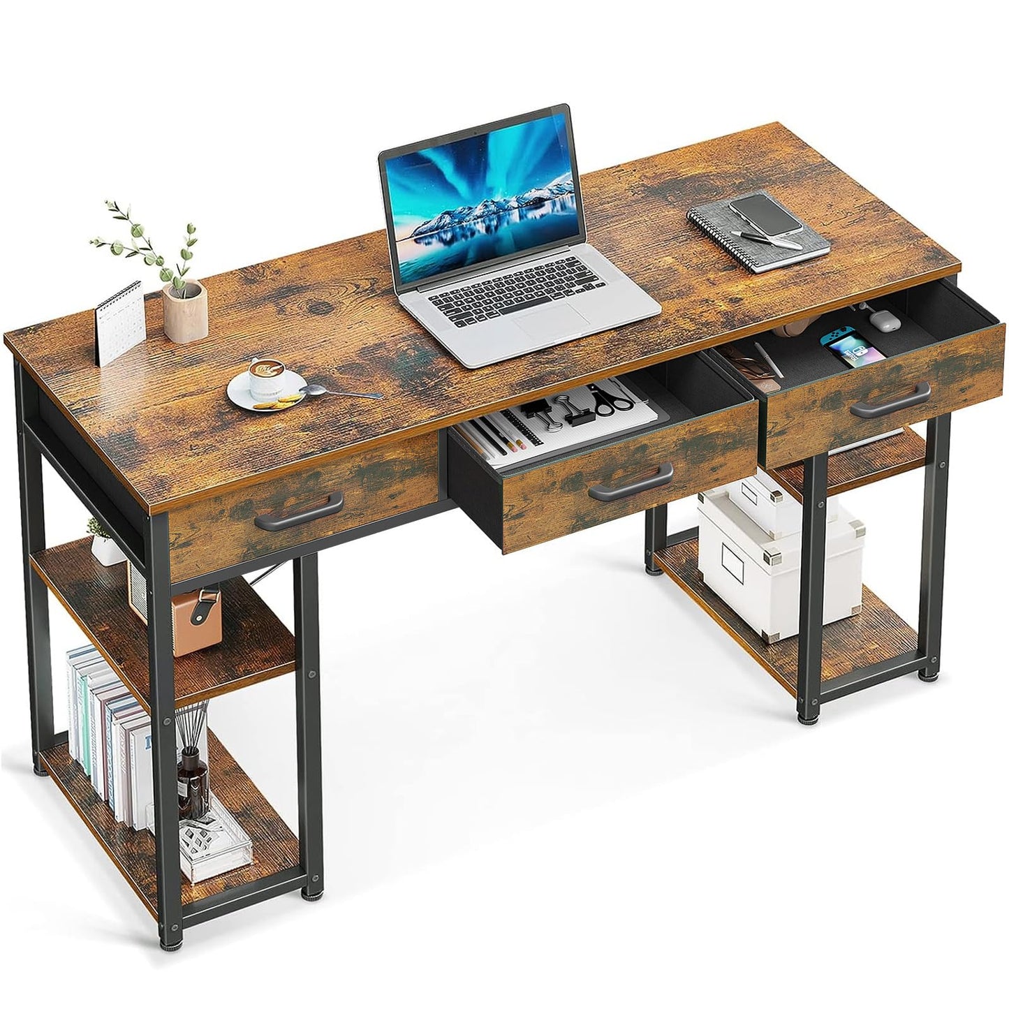 ODK Office Kleiner Computertisch: Heimtisch mit Stoffschubladen und Ablageflächen, moderner Schreibtisch, Schwarz, 48"x16"