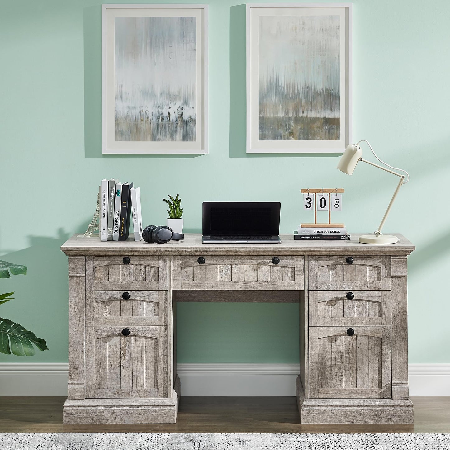 OKD 60-Zoll-Chefschreibtisch mit Schubladen, Home-Office-Schreibtisch im Landhausstil mit Ladestation, Tastaturablage, Aktenschrank-Aufbewahrung, Holz-Computertisch für Arbeit und Studium, Antikweiß