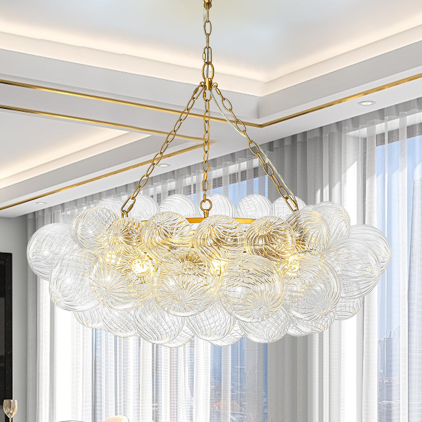 Goldfarbener mehrstufiger Glaskugel-Blasen-Kronleuchter, runder Kronleuchter aus gewirbeltem Glas, klares geblasenes Glas, 8-flammige Pendelleuchte mit 24 Zoll Durchmesser für Schlafzimmer und Restaurant