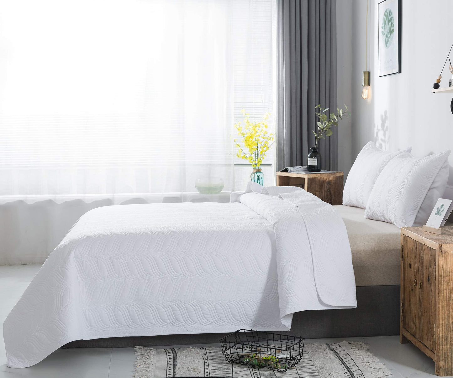 Ensemble de courtepointe 3 pièces blanc King Cal King Size nouveau motif couvre-lit - couvre-lit léger en microfibre douce pour toutes les saisons (118"x106" comprend 1 courtepointe, 2 taies d'oreiller)
