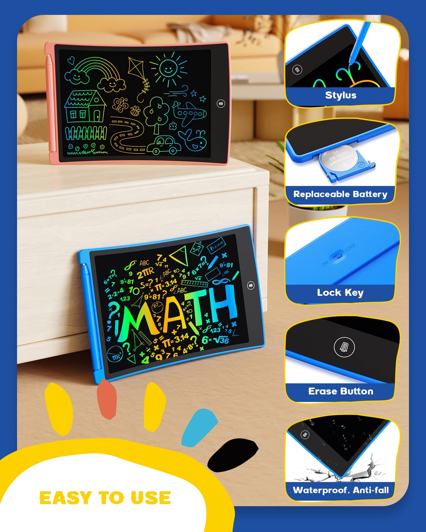 bravokids 2 Pack LCD Writing Tablet with Stylus, 8.5 inch Colorful Doodle Board Drawing Pad for Kids, Travel Games Activity Learning Toys, Birthday Gift for Age 3 4 5 6 7 8 Year Old Boys Girls