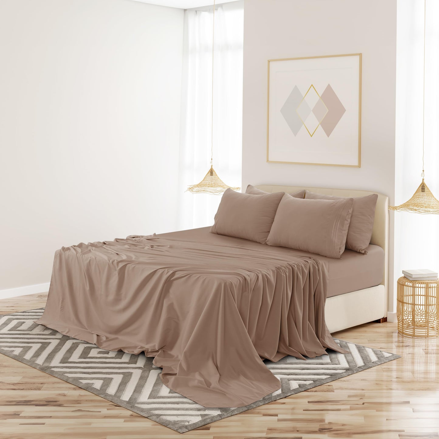 LUX Decor Paisley King-Bettlaken-Set, 6-teilig, weiche, knitterfreie Mikrofaser-Bettlaken – luxuriös bedruckte Bettlaken, inklusive Bettlaken, Spannbettlaken mit tiefen Taschen und 4 Kissenbezügen – Taupe