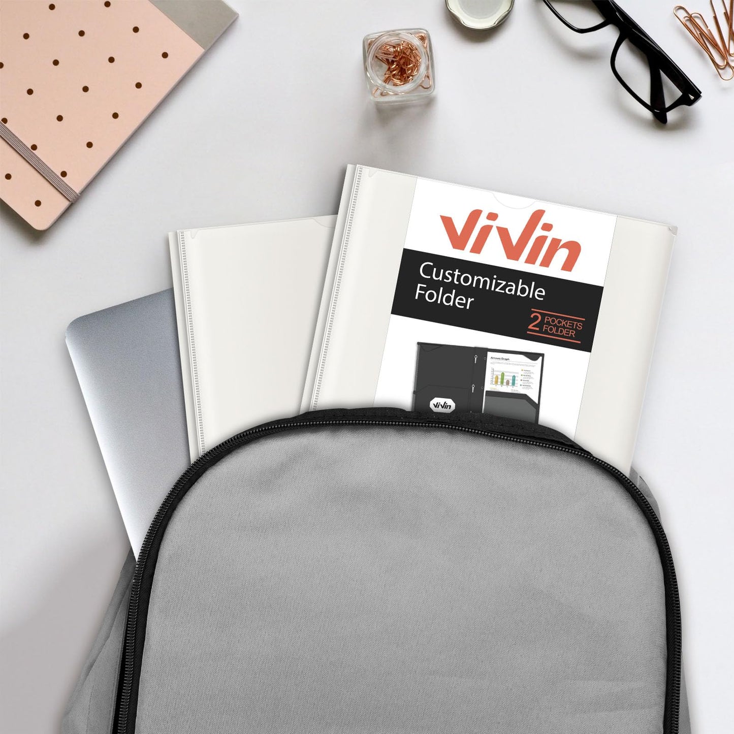 Chemises en plastique épais ViVin avec pochettes et broches, deux poches, poche avant transparente et onglets de maintien, lot de 6, pour papier au format lettre US, pour l'école et le bureau - Blanc