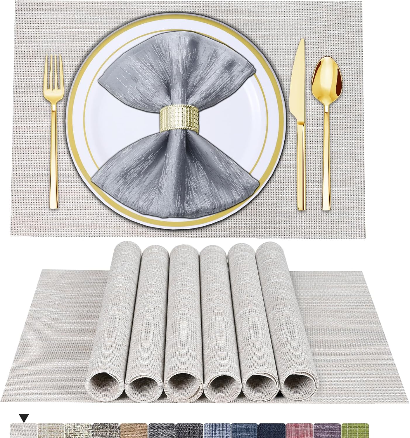Tischsets 6er-Set, gewebtes Vinyl-Tischset für Esstisch, waschbar, abwischbar, Küchentischsets, strapazierfähige Tischsets für drinnen und draußen, 01 Beige, 6 Stück