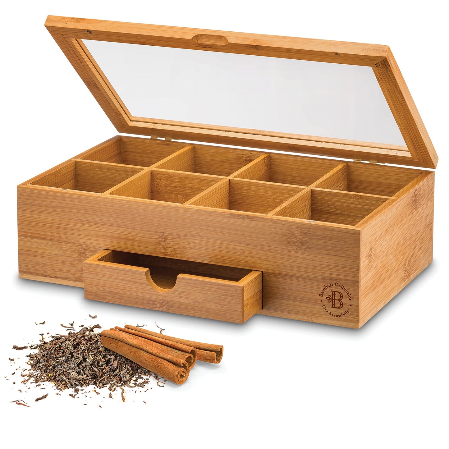 Bamboo Tea Bag Organizer Storage Box with Drawer & Acrylic Window - Magnetic Lid Keeps Contents Fresh - Ideal Mothers Day Gifts for Mom - Gift Caddy (Tea Not Included)