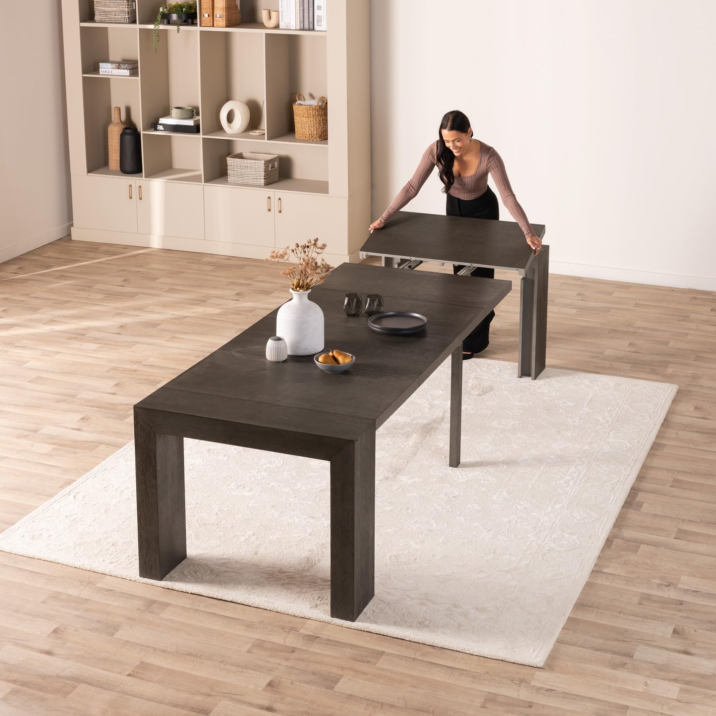 Transformer Table Esstisch-Set für 4 bis 12, ausziehbarer Esstisch aus Holz mit ausziehbarer Bank, Möbel für kleine Räume, Küchentisch-Set (Dunkelgrau, Tisch + Bank)