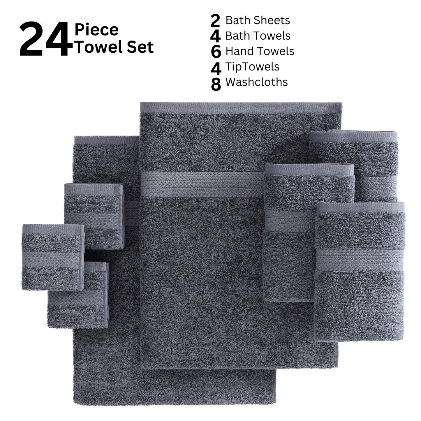 LANE LINEN 24-teiliges Badezimmerhandtuch-Set – 100 % Baumwolle, Badetuch-Sets, 4 Badetücher extragroß, 2 Badelaken, 6 Handtücher fürs Badezimmer, 8 Waschlappen, 4 Fingerkuppen-Handtücher – weiße Handtücher