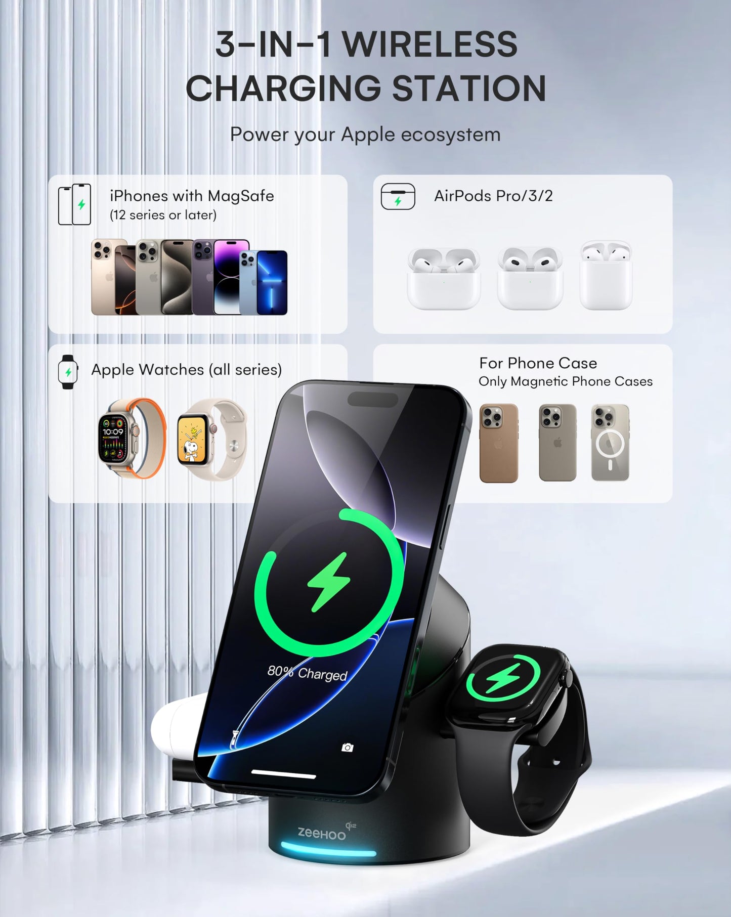 ZEEHOO 3 in 1 Charging Station for Apple Devices, Mag-Safe Charger Stand, Qi2 15W Auto-Rotating Wireless Charging Station for iPhone 16/15/14/13/12 Series& AirPods& iWatch(30W Charger Included) White
