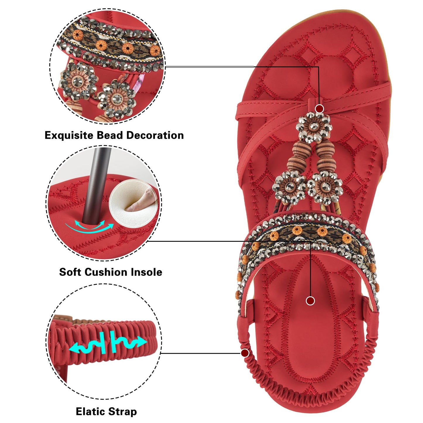 Elegante Damensandalen für den Sommer: Flache Schuhe, bequeme Bohemian-Sandalen mit elastischem Knöchelriemen, Strandsandalen für Damen
