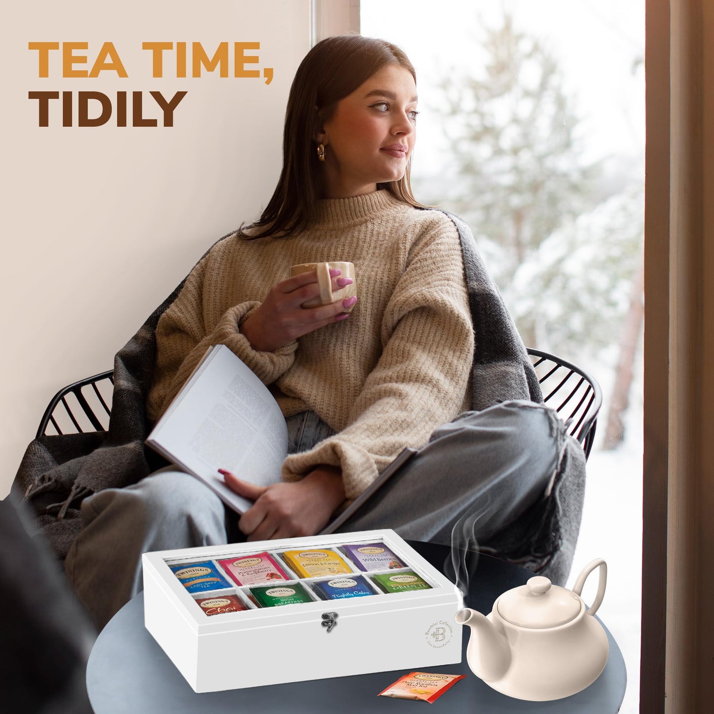 Bamboo Tea Bag Organizer Storage Box with Drawer & Acrylic Window - Magnetic Lid Keeps Contents Fresh - Ideal Mothers Day Gifts for Mom - Gift Caddy (Tea Not Included)