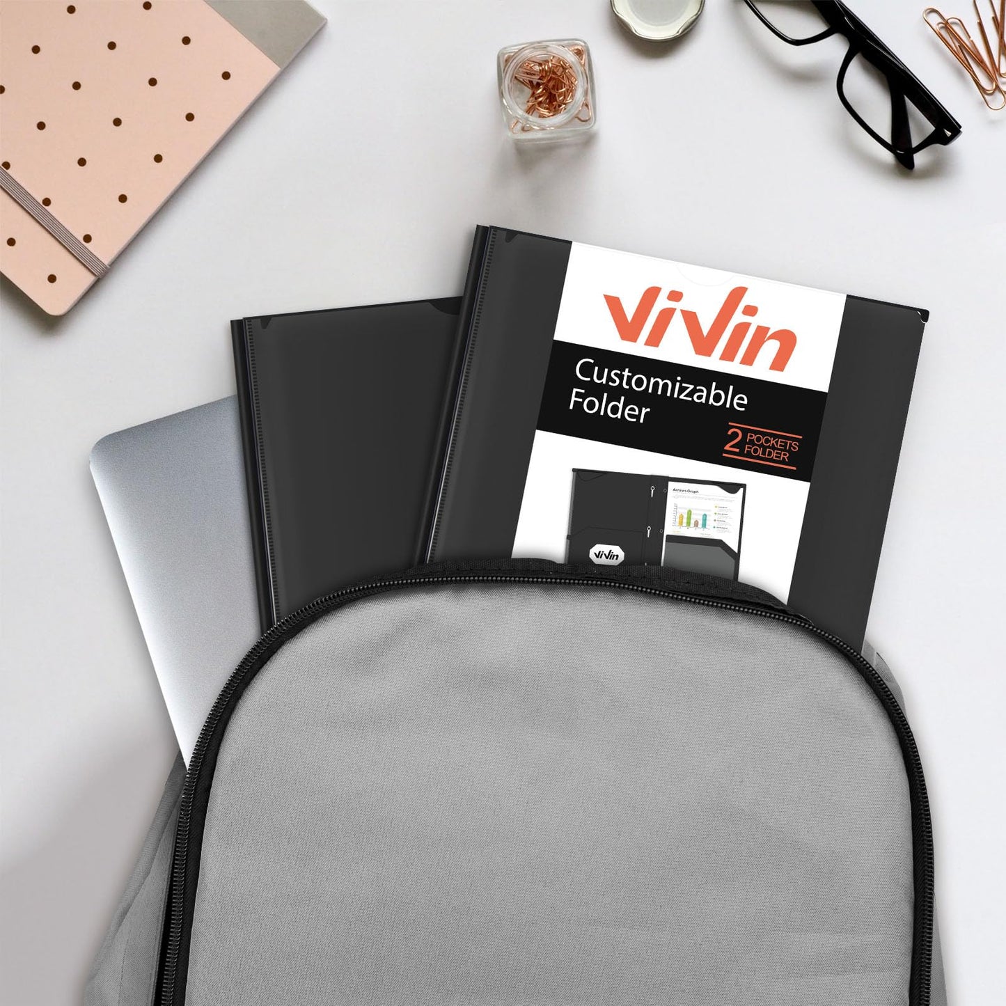 Chemises en plastique épais ViVin avec pochettes et broches, deux poches, poche avant transparente et onglets de maintien, lot de 6, pour papier au format lettre US, pour l'école et le bureau - Blanc