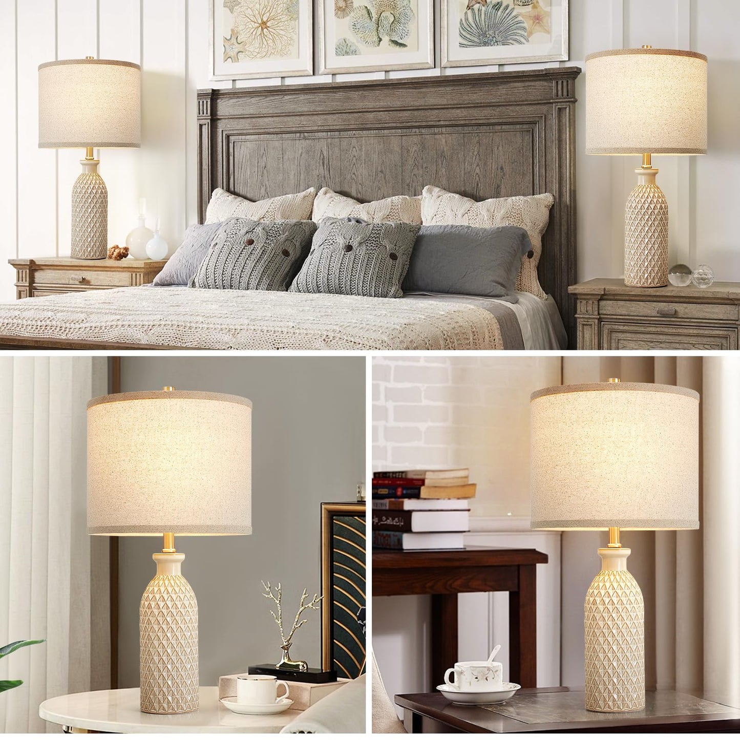 Luvkczc Moderne Keramiklampen für Schlafzimmer, 2er-Set, 3-Farbtemperatur-Tischlampe, Nachttischlampe, Schreibtisch-Leselampe mit Stoffschirm in Trommelform für Schlafzimmer, Wohnzimmer, 2 Glühbirnen enthalten (21,4 Zoll)